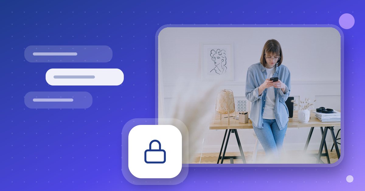 A person reading on their phone in a home office, beside a padlock icon