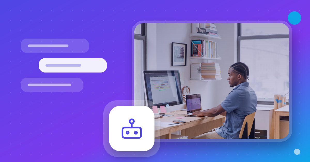 A person working at a desk with a computer and laptop, beside a chatbot icon