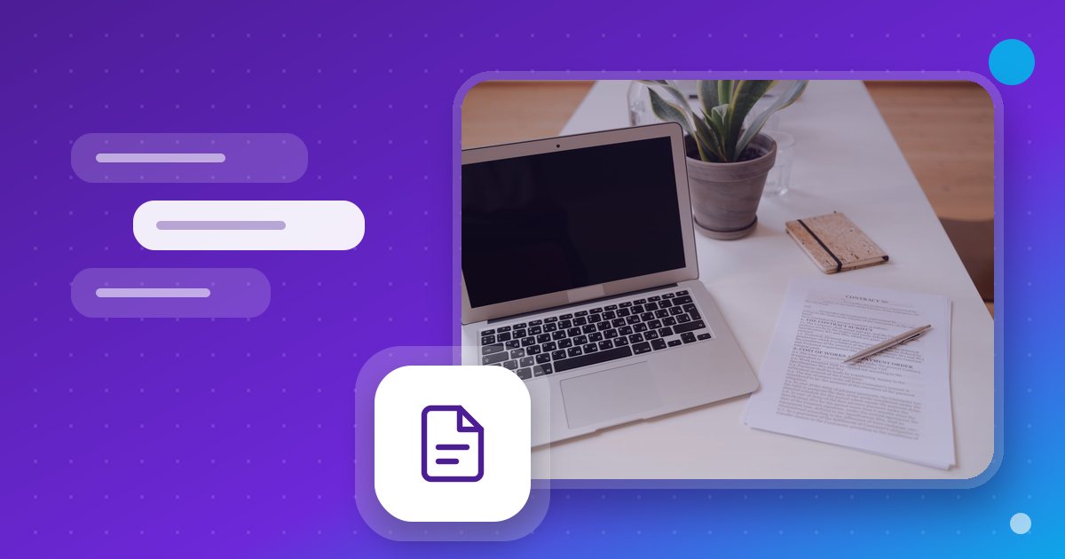 A laptop beside printed documents, with a document icon