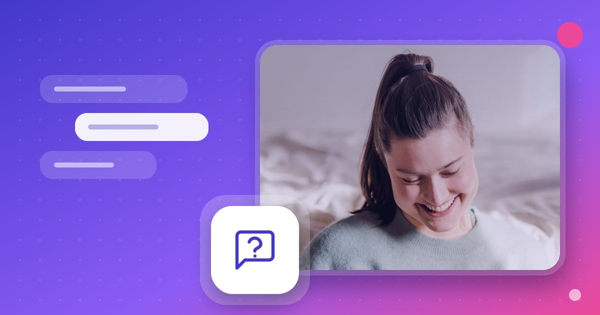 A smiling person using a phone, beside a question icon