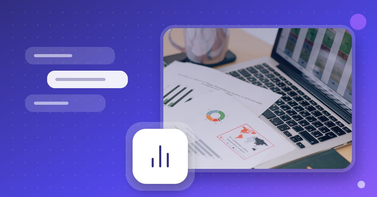 Documents and charts beside a laptop, with a chart icon